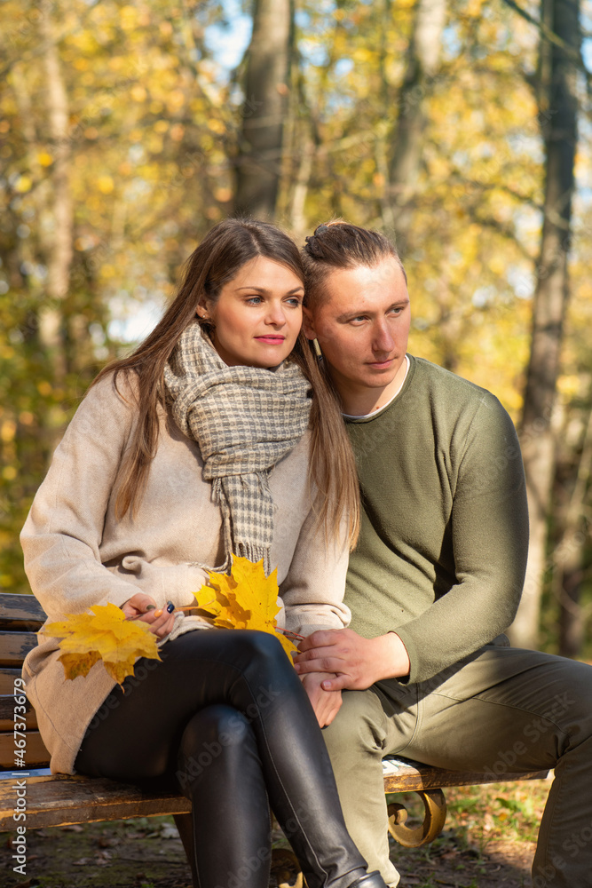 Fototapeta premium Relationship, family, seasons concept. Gorgeous and happy young couple sitting on bench in park during autumn sunny and warm day in trees with yellow leaves background