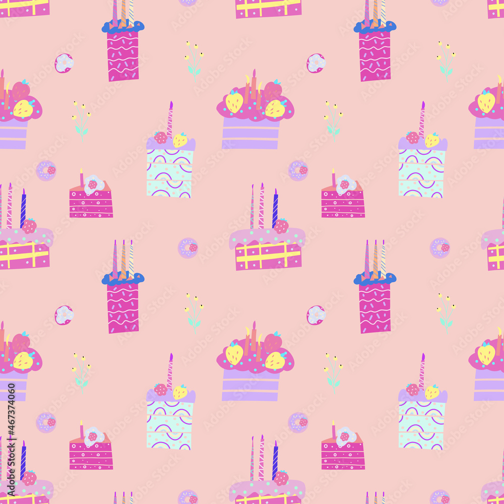 Seamless pattern with baked goods, cakes, candles. Colorful vector design for print and web. Seamless pattern with baked goods, cakes, candles. Colorful vector design for print and web.