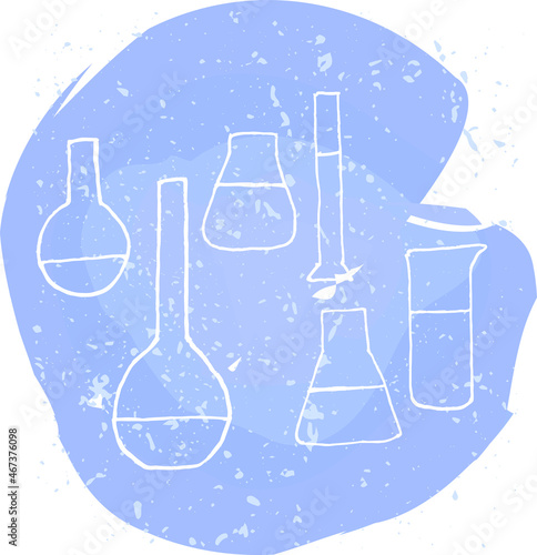 Vector illustration in white lines of laboratory bottles. White contour on blue spot watercolor background. Icon, logo, a bundle of bottles in different forms