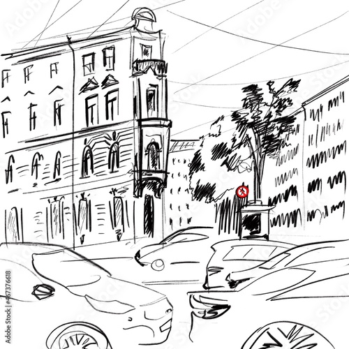 View from the window. Street of Saint Petersburg. Cars, buildings, street cross, trees. Simple sketch. European city. Black line