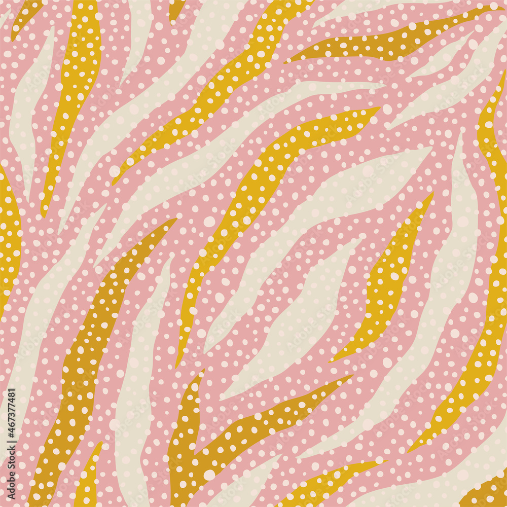 Zebra colorful skin and polka dots seamless pattern. Trendy hand-drawn textures. Background.