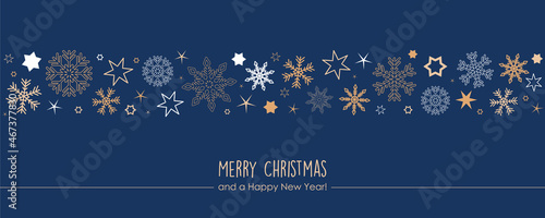 blue christmas card with snowflake border and stars