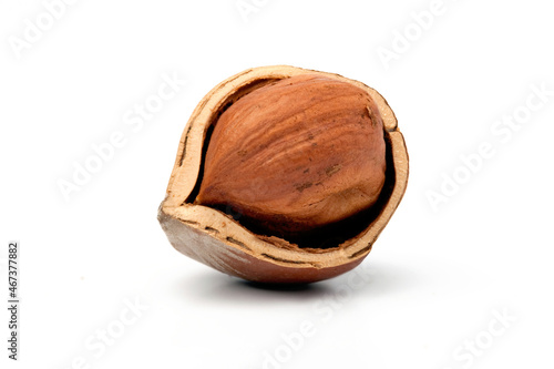 open hazelnut is isolated on a white background. Snack healthy food