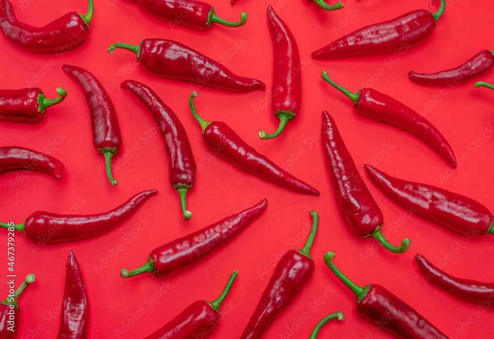 Seamless pattern done of red chilli peppers isolated on red background.