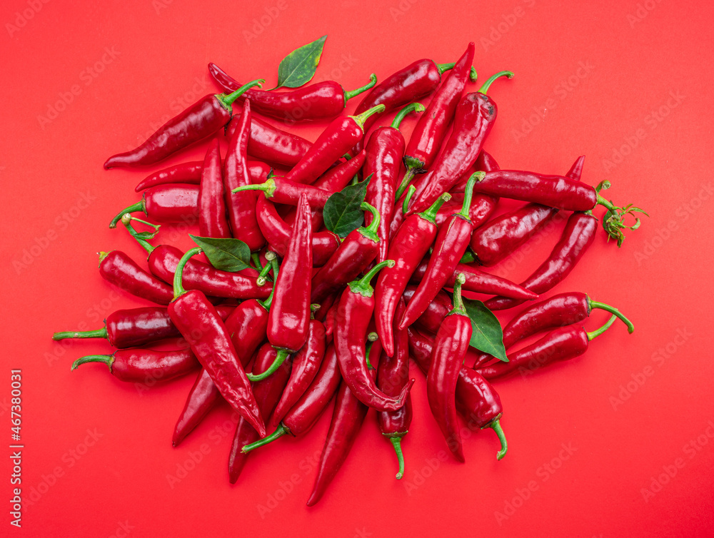 Fresh red chilli peppers grouped in a heap isolated on red background.