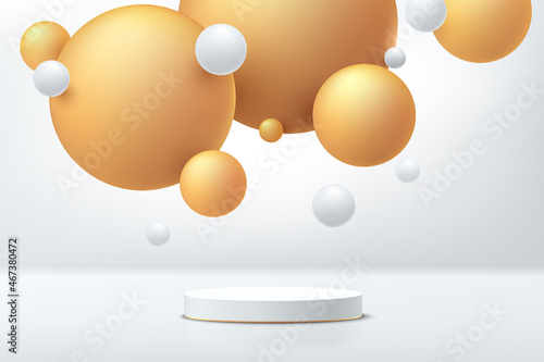 Realistic 3d white and gold cylinder pedestal podium with sphere ball flying. Vector abstract studio room with geometric platform. Luxury minimal wall scene for products showcase, Promotion display.