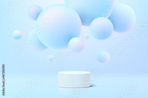 White cylinder pedestal podium with blue hologram sphere ball flying. Vector abstract studio room with 3D geometric platform. Pastel minimal scene for cosmetic products showcase, Promotion display.