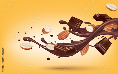 Almond delicious with chocolate liquid splashing flying. Dessert food appetizer isolated on yellow background. Realistic 3D vector illustration.