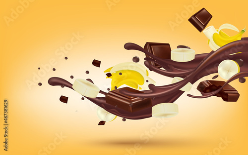 Banana delicious with chocolate liquid splashing flying. Dessert food appetizer isolated on yellow background. Realistic 3D vector illustration.