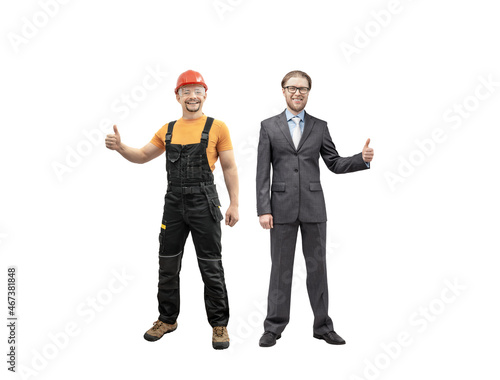 happy worker with businessman thumb up, full body
