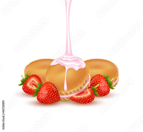 Strawberry milk biscuit cookies and cream dessert food appetizer. Strawberry fruit cut in half. Isolated on white background. Realistic 3D vector illustration.