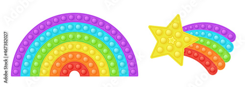 Popit figure star tail and rainbow as a fashionable silicon toy for fidgets. Addictive anti stress toy in bright colors. Bubble developing pop it toys for kids. Vector illustration isolated on white.