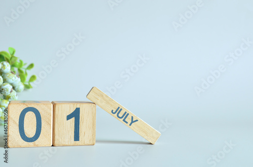 July 1, Calendar cover design with number cube with green fruit on blue background.