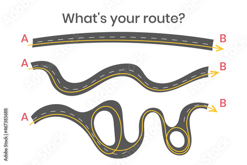 The road from point A to punt B. Different ways from A to B - easy, simple, chaos. Plan B. Searching solution problem concept. What is your route. Illustration on white background