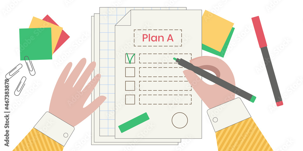Sheets of paper with plan A. Business plan. Hand with a pen. Strategy development. Searching solution problem concept. Illustration on white background Sheets of paper with plan A. Business plan. Hand with a pen. Strategy development. Searching solution problem concept. Illustration on white background