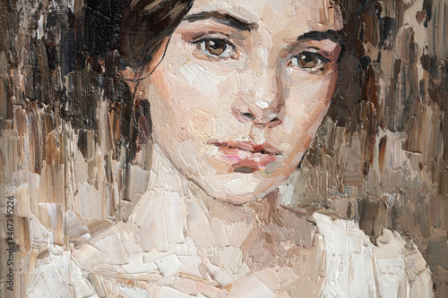 Fototapeta Naklejka Na Ścianę i Meble -  Portrait of a young, dreamy girl with curly brown hair. Palette knife technique of oil painting and brush.