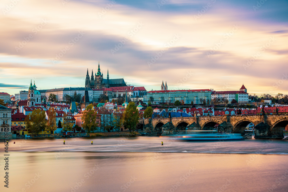 Panoramic view of Prague Castle across the Vltava, Czech Republic.