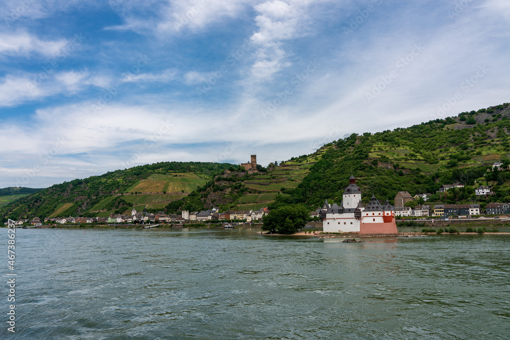 Panoramic view of the Pfalzgrafenstein Castle in the Rhine near Kaub in Germany.