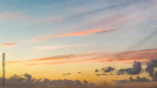 Panoramic aerial view of sunset sky from flying drone.