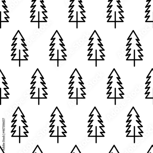 Black and white seamless pattern with fir tree icon. Vector trees symbol sign. Plants, landscape design for print, card, postcard, fabric, textile. Business idea concept