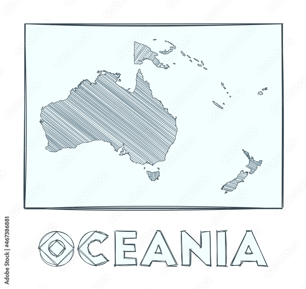 Sketch map of Oceania. Grayscale hand drawn map of the continent. Filled regions with hachure ...