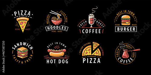 Food and drink set of labels on black background. Decoration for restaurant or cafe menu