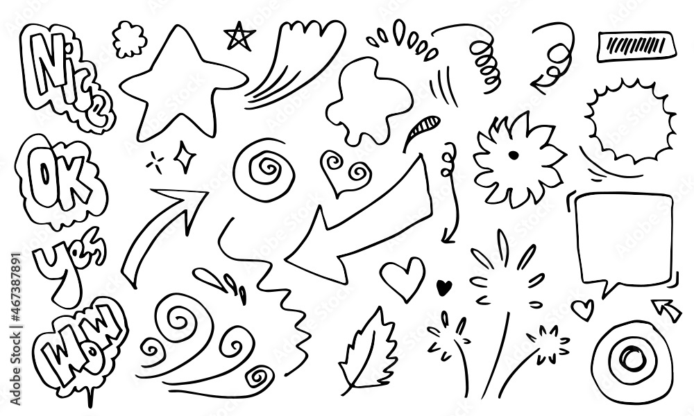 Fototapeta premium Hand drawn set elements, black on white background. Arrow, heart, love, star, leaf, sun, light, flower, Swishes, swoops, emphasis ,swirl, heart, for concept design.