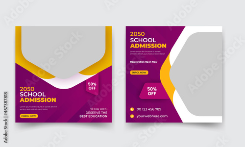 Set of Editable School education admission open social media post template or back to school web banner or square flyer poster design, vector