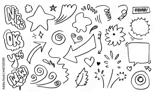 Hand drawn set elements  black on white background. Arrow  heart  love  star  leaf  sun  light  flower  Swishes  swoops  emphasis  swirl  heart  for concept design.