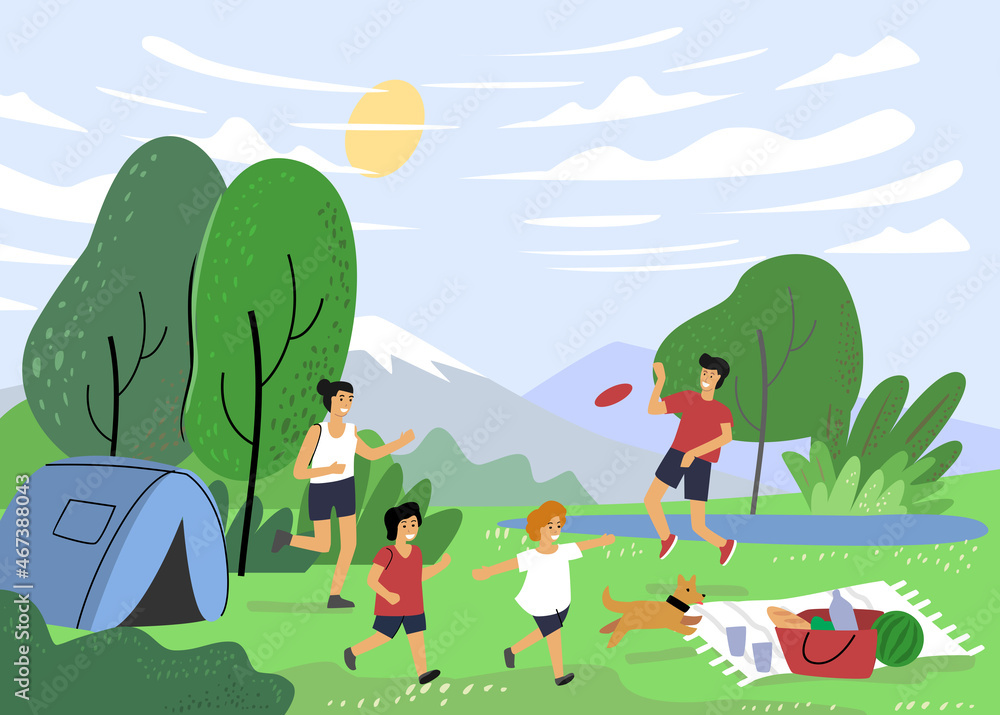Happy family on picnic with tent. Man, woman children and dog in nature. Cartoon style Happy family on picnic with tent. Man, woman children and dog in nature. Cartoon style