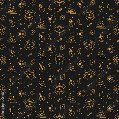 Celestial tarot astrological golden seamless pattern on dark background