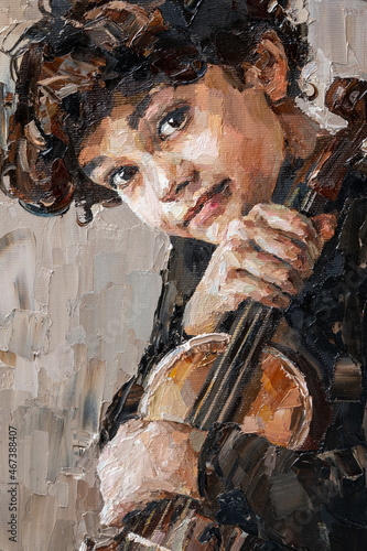 Fototapeta Naklejka Na Ścianę i Meble -  Junior with violin. The boy plays on a musical instrument. Oil painting on canvas. Contemporary art.