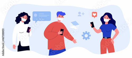 People in medical masks on faces chatting online. Boy and girls holding mobile phones flat vector illustration. Social distance, communication concept for banner, website design or landing web page
