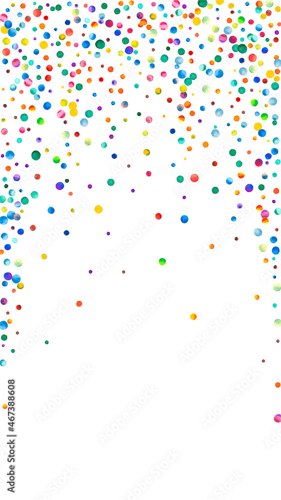 Watercolor confetti on white background. Alive rainbow colored dots. Happy celebration high colorful bright card. Memorable hand painted confetti.
