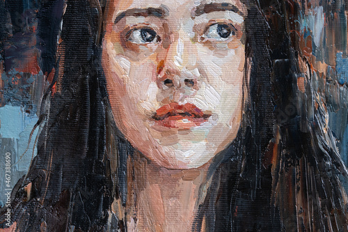 Portrait of a young, dreamy girl with curly brown hair. Palette knife technique of oil painting and brush.
