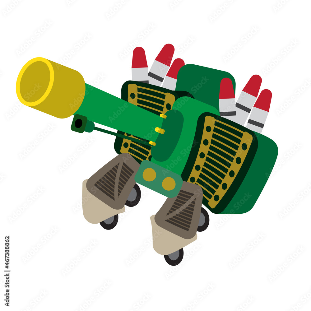 Flat design perspective of cannon fire on a white background. Cartoon and game concept icon cute style. An Army Field Gun. The subject of war and aggression. vector ,illustration