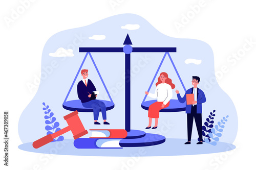 Legal scales in balance, businessman vs businesswoman. Male and female employees with equal rights flat vector illustration. Gender equality concept for banner, website design or landing web page