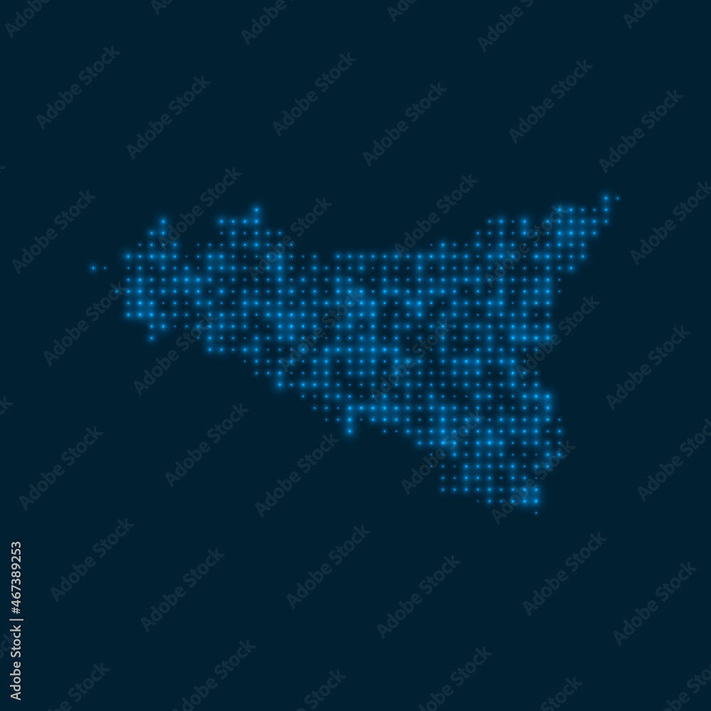 Sicilia dotted glowing map. Shape of the island with blue bright bulbs. Vector illustration.