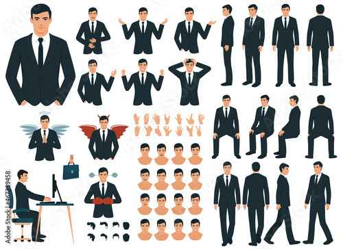 Vector businessman character casual poses set in flat style. Full length, gestures, emotions, front, side, back view.