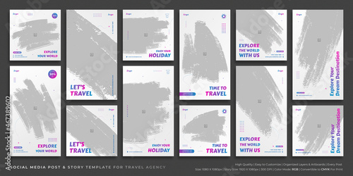 Travel Agency Social Media Post & Story Template, Fully Editable torn paper effects vector graphic, Trendy colorful visual branding set