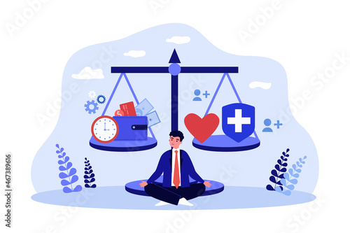 Businessman with scales in balance, money vs health. Man comparing cost of medical services flat vector illustration. Insurance, healthcare concept for banner, website design or landing web page