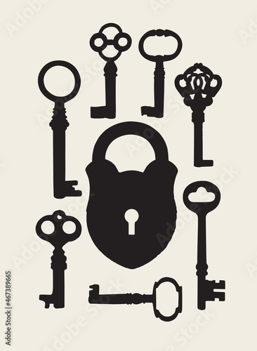 Vector banner with black silhouettes of vintage keys and an old lock on a light background. Padlock and a set of ornate antique keys of various shapes. Decorative illustration in retro style