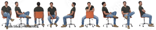 line of the same man sitting on a chair in various poses on white background