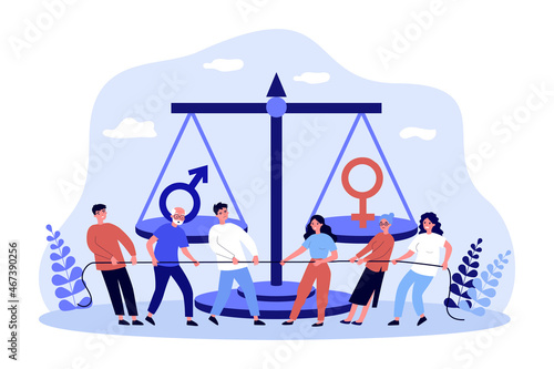 Fight for equal rights of male and female characters. Team of men and women pulling rope flat vector illustration. Gender equality, tug of war concept for banner, website design or landing web page
