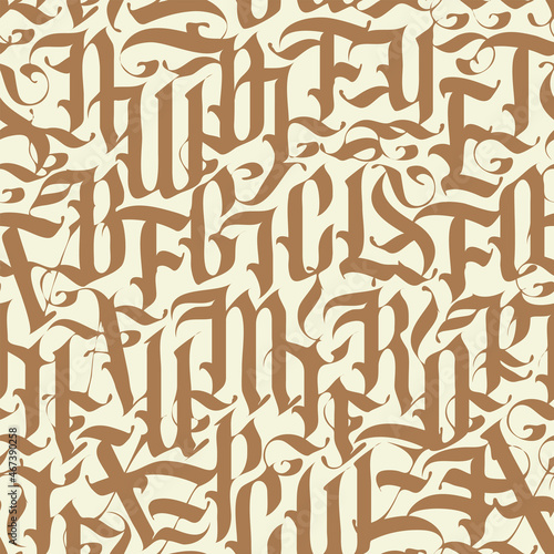 Seamless pattern of ornate Gothic letters. Monochrome repeating background with ancient Latin letters on a beige backdrop. Vector texture, Wallpaper, wrapping paper or fabric in vintage style