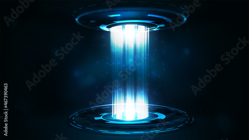 Blue digital teleport with particles and hologram digital rings in dark room photo