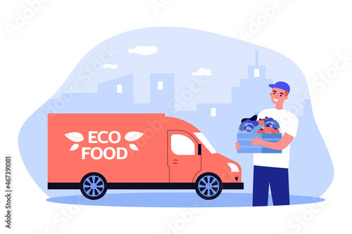 Courier holding box of vegetables near grocery truck. Man delivering organic products to clients home flat vector illustration. Eco food delivery concept for banner, website design or landing web page