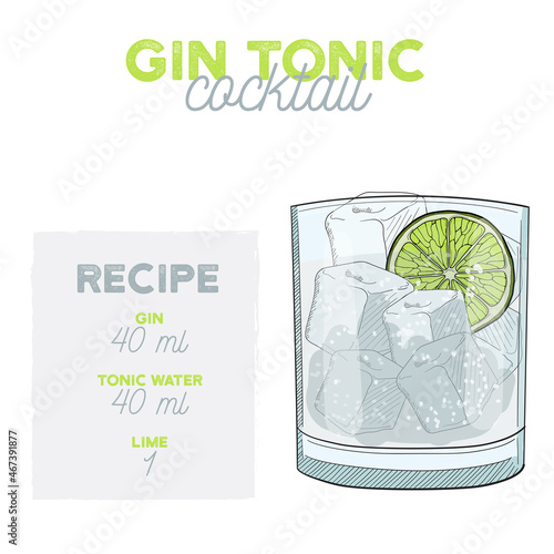 Gin Tonic Cocktail Illustration Recipe Drink with Ingredients