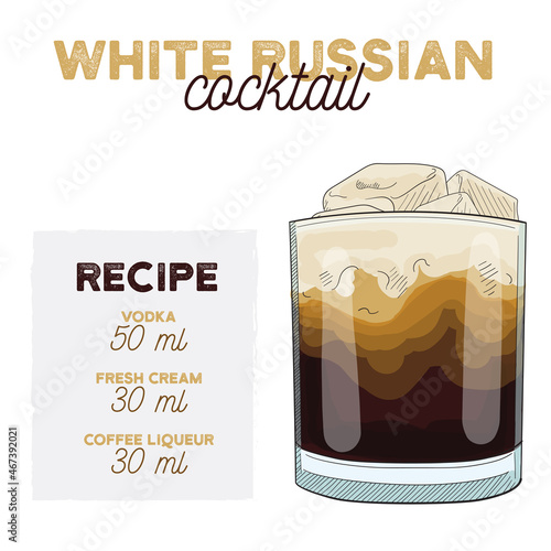 White Russian Cocktail Illustration Recipe Drink with Ingredients photo