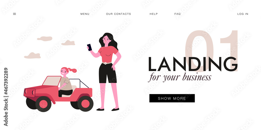 Happy daughter riding small electric jeep for children. Cars for kids at park flat vector illustration. Family activity, leisure, entertainment concept for banner, website design or landing web page